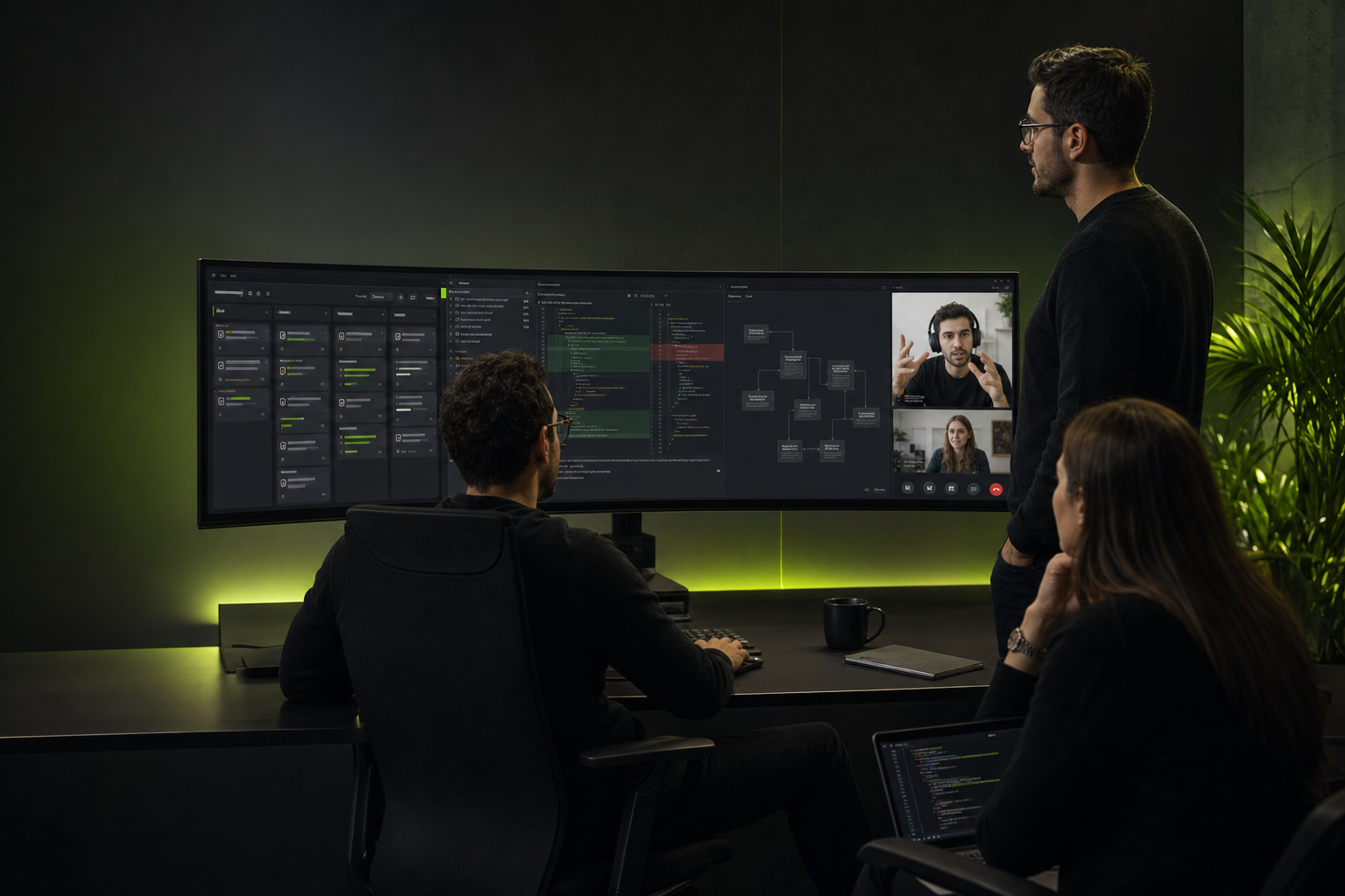 Equipo de desarrollo dedicado colaborando en producto, demos y backlog con un cliente en España