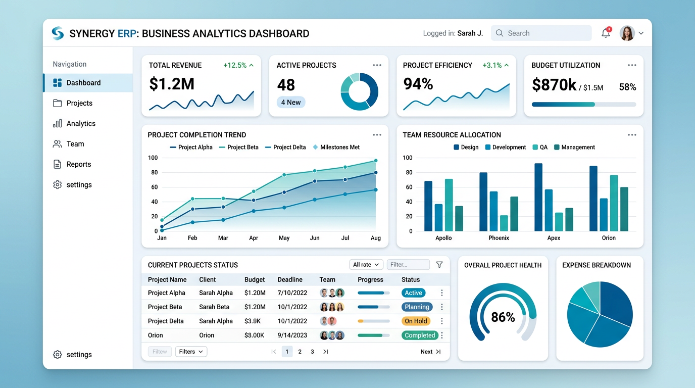 Sistema de Gestión Empresarial ERP - Desarrollo de sistema ERP empresarial para automatizar procesos, mejorar la eficiencia operativa y centralizar la gestión del negocio.