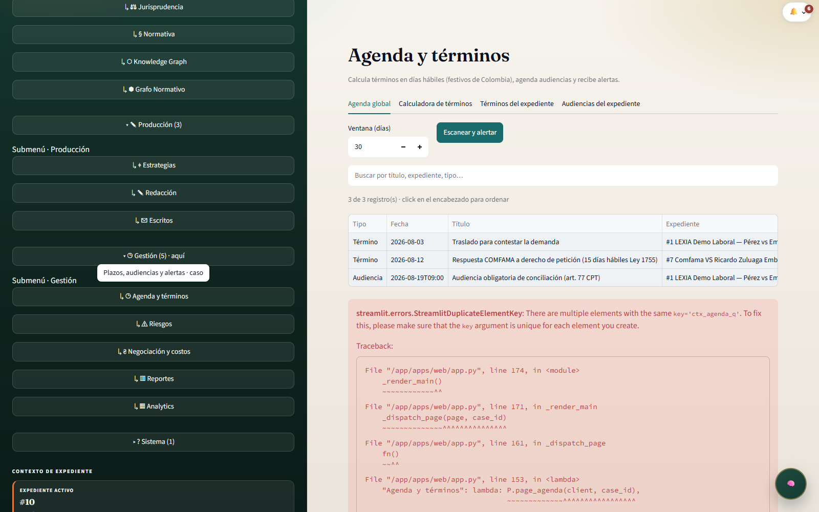 Agenda y términos procesales en LEXIA