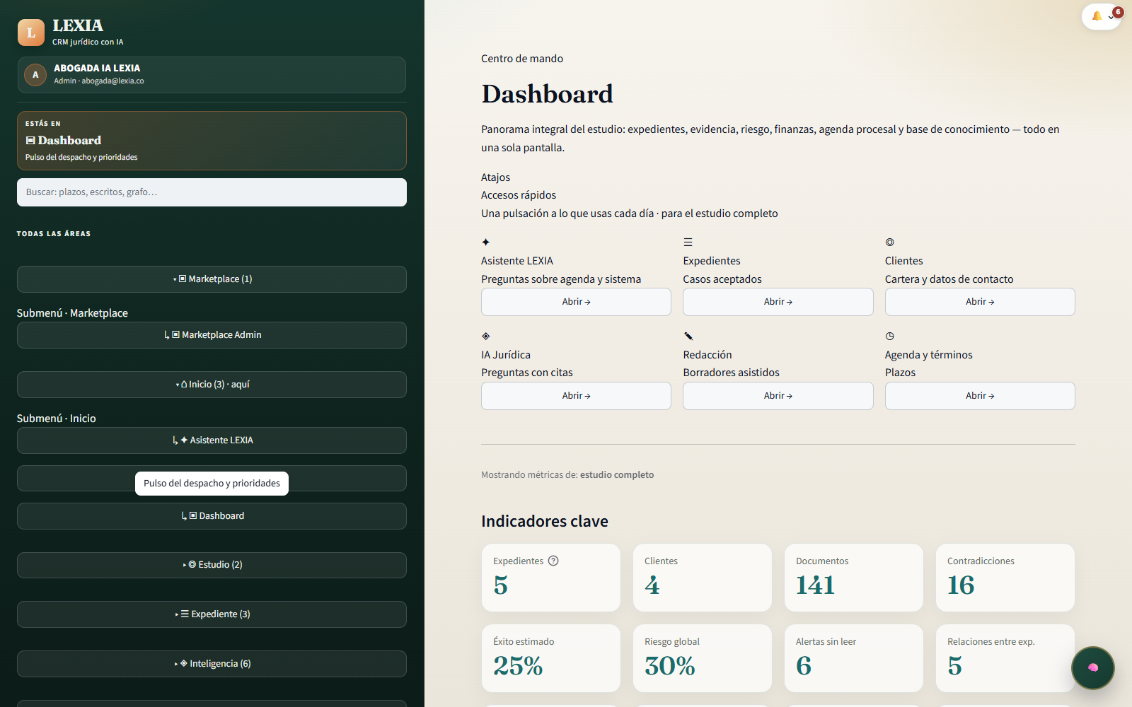 Dashboard LEXIA: centro de mando del estudio