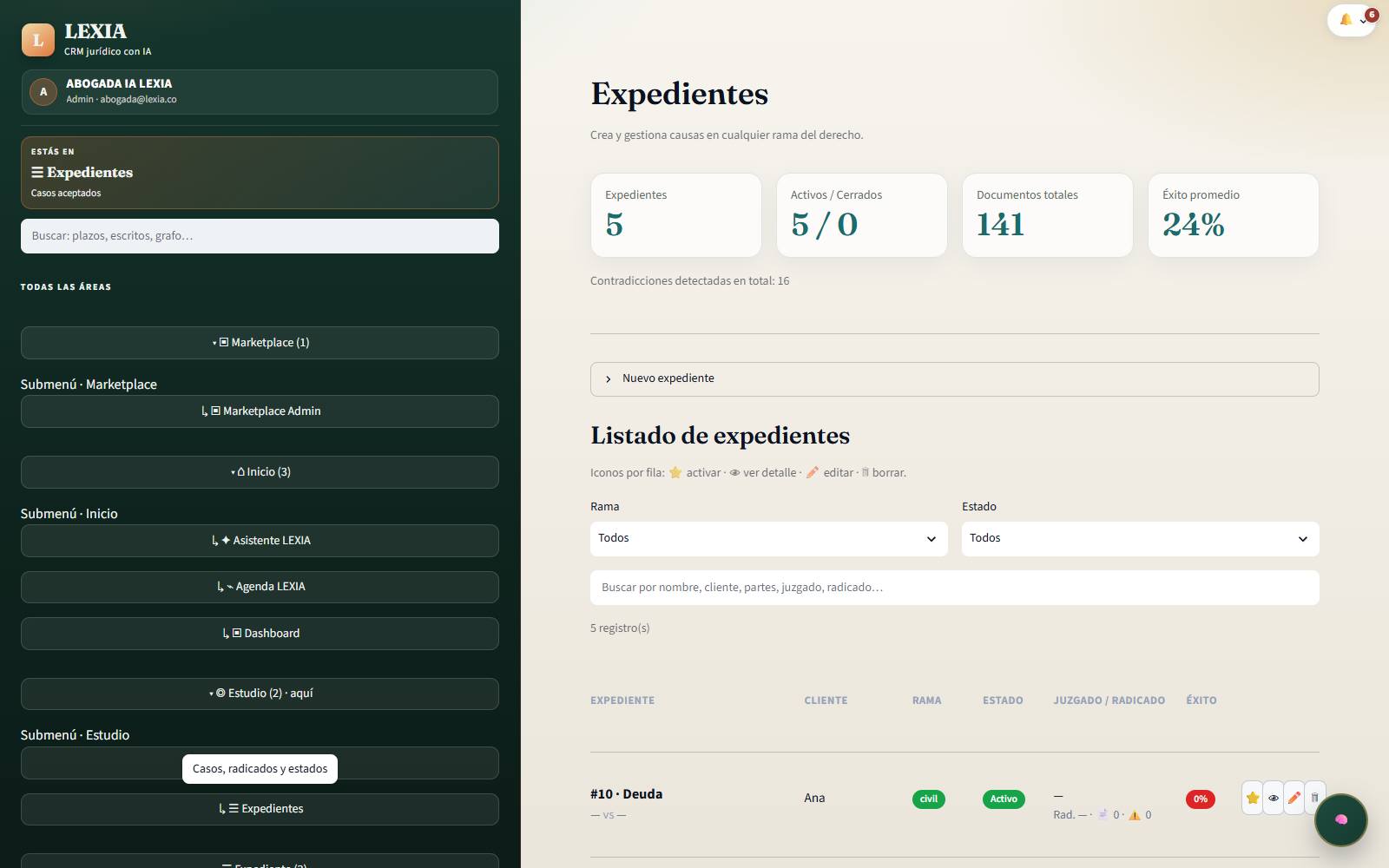 Módulo de expedientes en LEXIA