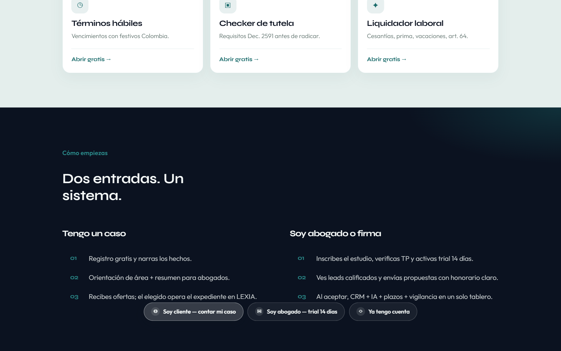 Sección de la landing: dos caminos — cliente y abogado