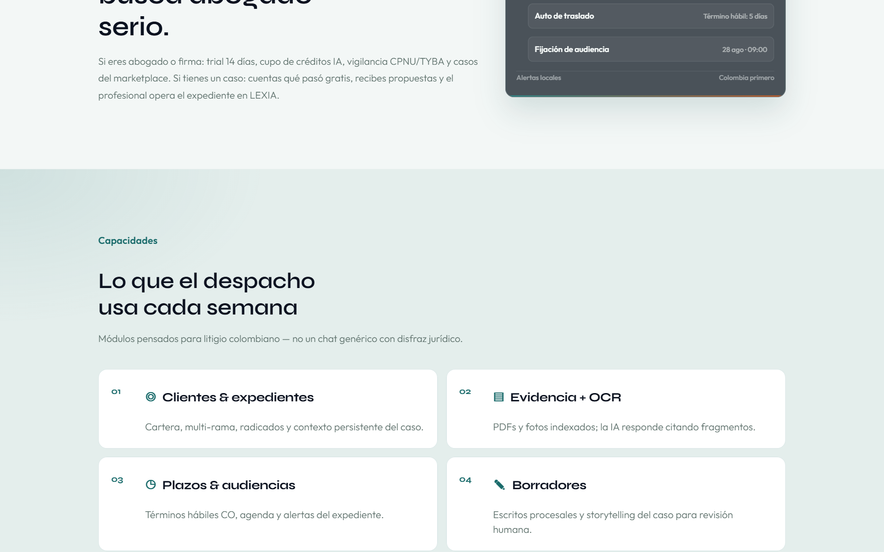 Capacidades del sistema en la landing LEXIA