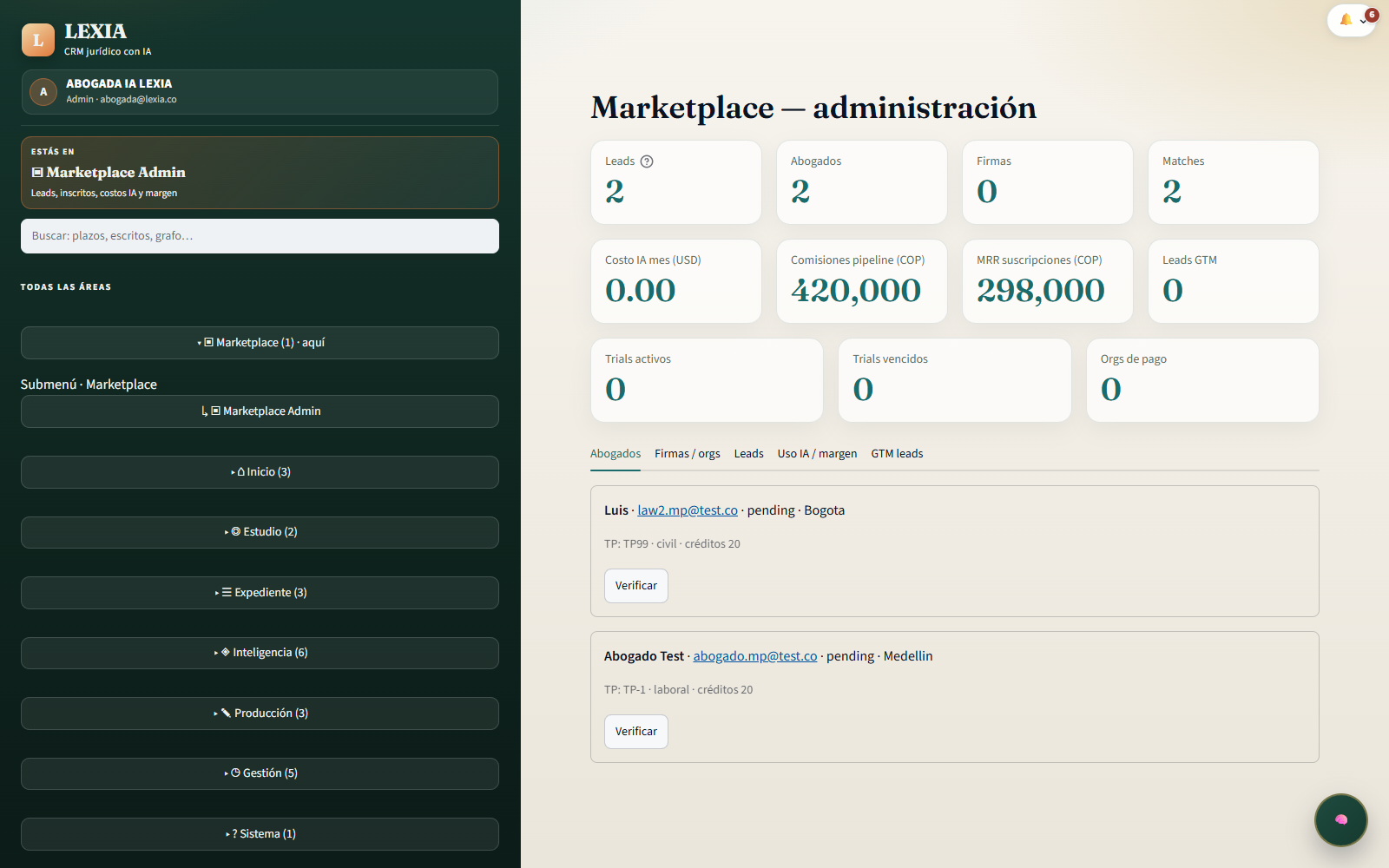 Consola Marketplace Admin de LEXIA