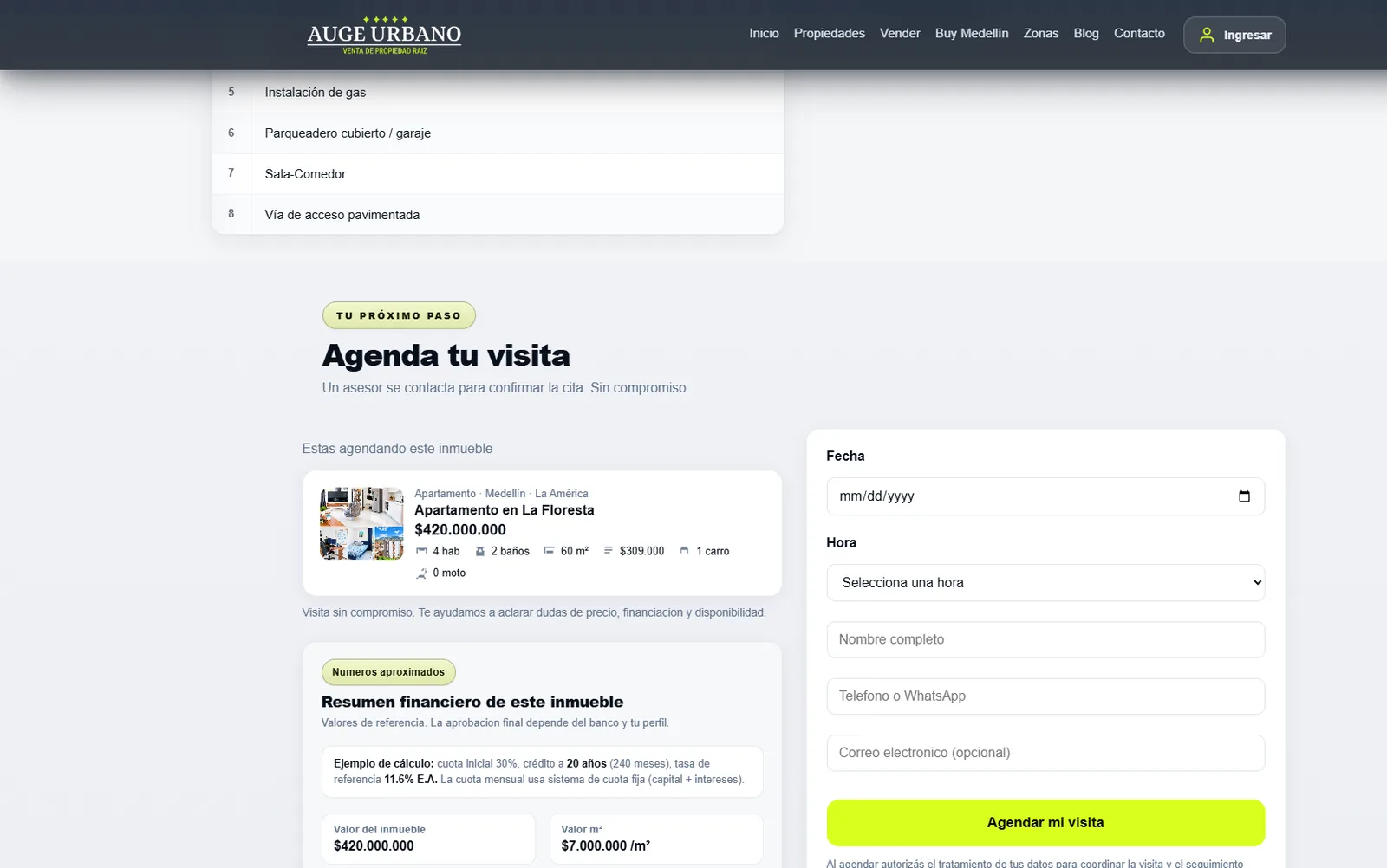 Formulario Agenda tu visita junto al resumen financiero del apartamento