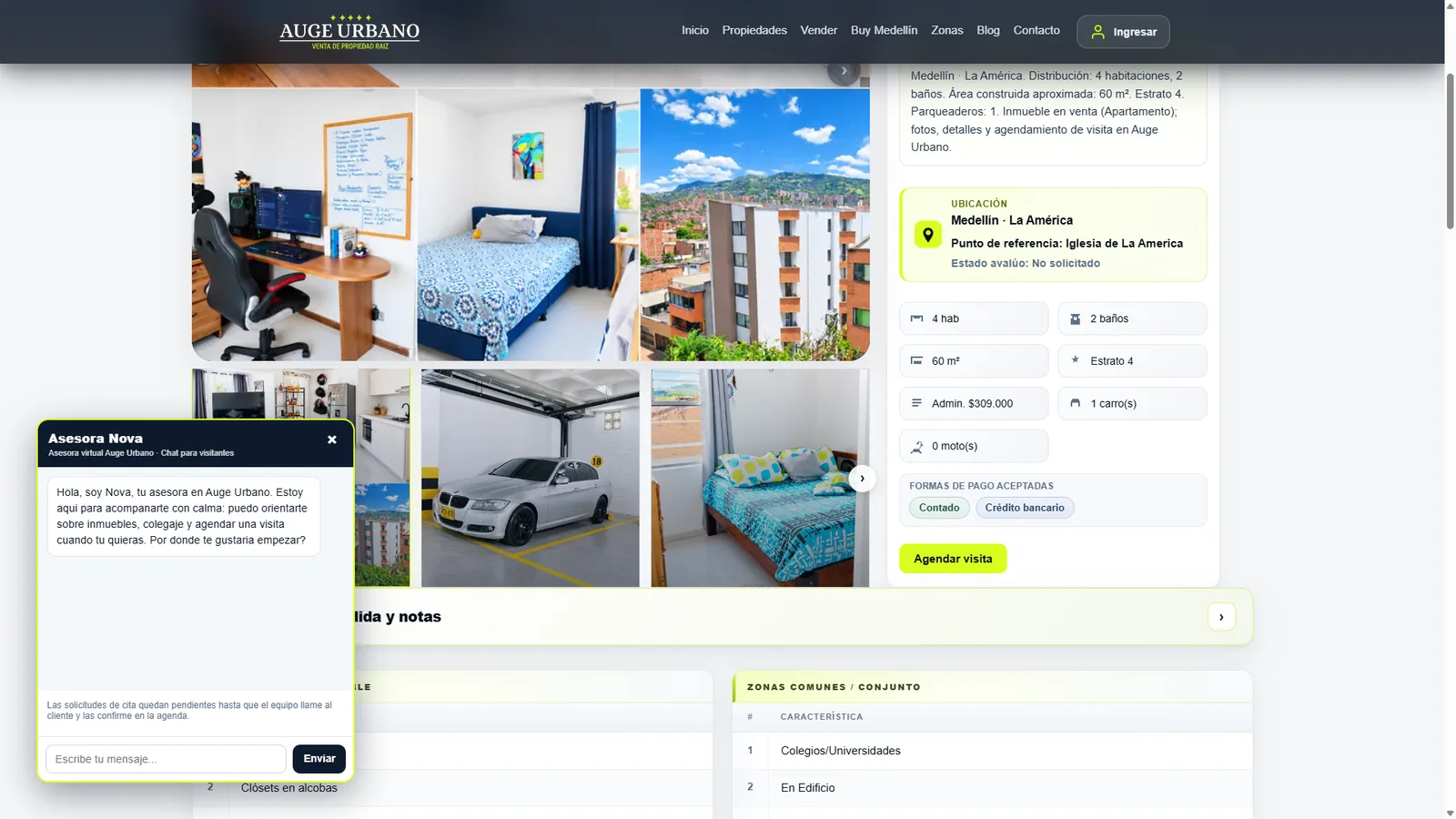 Chat de Asesora Nova abierto sobre la ficha de un apartamento