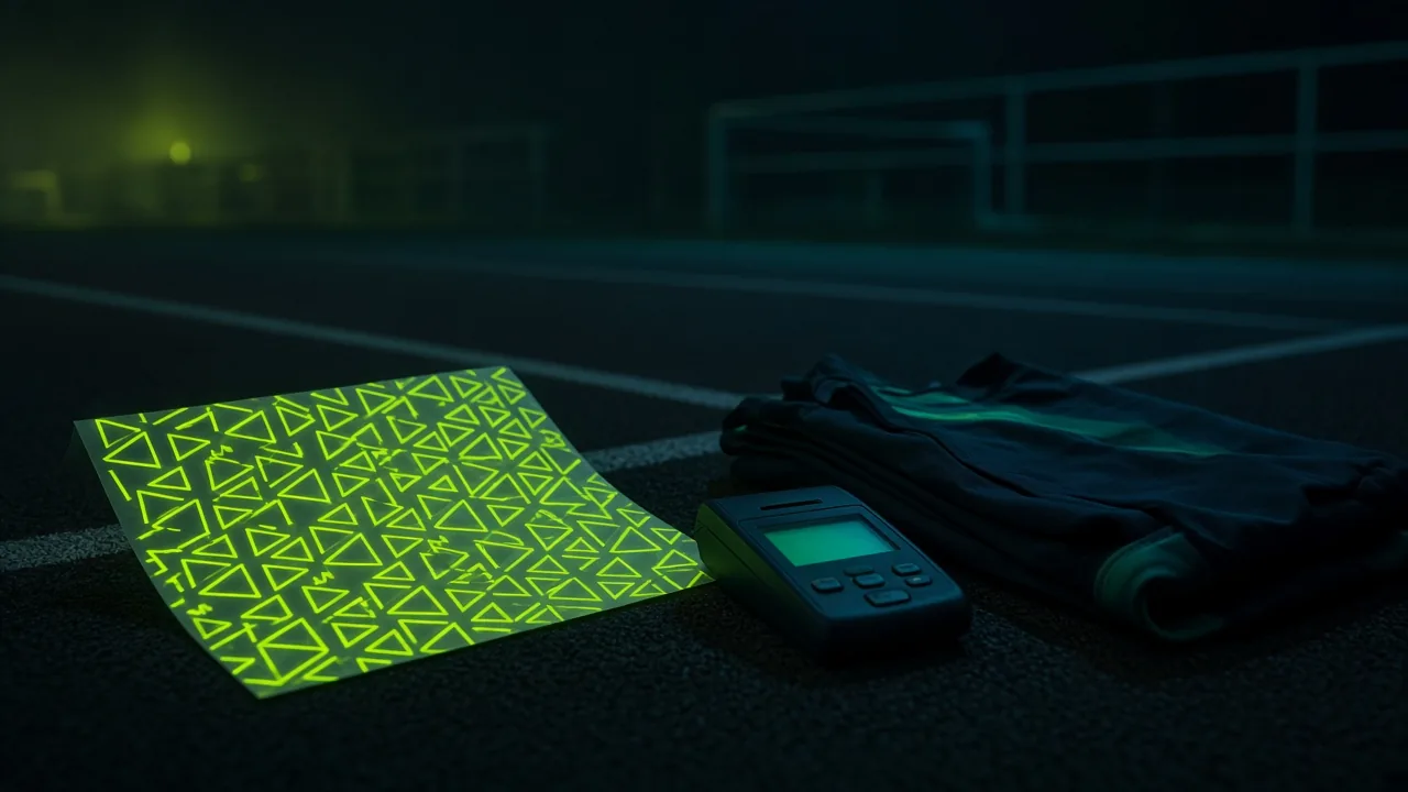 Pista de noche con stickers, jersey y terminal de cobro