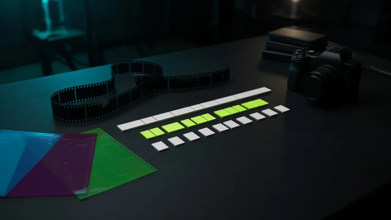 Mesa de motion con película, gels de color y línea de tiempo