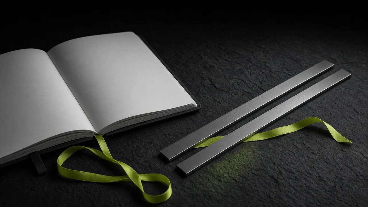 Cuaderno en blanco y dos reglas de metal como rieles de riesgo
