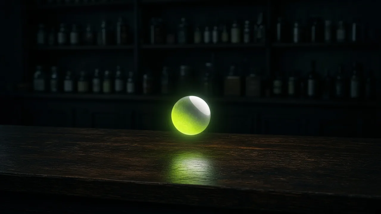 Un orbe luminoso sobre el mostrador de una tienda a oscuras